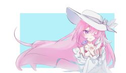 Rule 34 | 1girl, bare shoulders, blue background, border, chinese commentary, chong pao naifen, commentary request, diamond-shaped pupils, diamond (shape), dress, elf, elysia (herrscher of human: ego) (honkai impact), elysia (honkai impact), hair over one eye, hat, heart, heart necklace, highres, honkai (series), honkai impact 3rd, jewelry, long hair, multicolored hair, necklace, official alternate costume, pink hair, pointy ears, purple eyes, smile, solo, sun hat, symbol-shaped pupils, two-tone hair, very long hair, white border, white dress, white hair, white hat