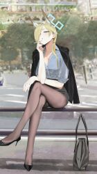 1girl alternate_costume black_jacket black_pantyhose black_shoes black_skirt blonde_hair blue_archive blue_shirt blush breasts cigarette cleavage crossed_legs hair_over_one_eye hair_over_shoulder high_heels highres holding holding_cigarette jacket jacket_on_shoulders kanna_(blue_archive) long_hair on_railing open_mouth pantyhose railing shirt shoes sidelocks sitting skirt sleeves_rolled_up smoking solo su-102