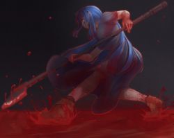 axe blood blood_in_hair blood_on_clothes blood_splatter bloody_weapon blue_hair brown_footwear dark_background degtyaryov2952 dress highres holding holding_axe long_hair naraku naraku_2 pool_of_blood red_eyes torn_clothes very_long_hair weapon