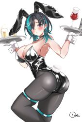 1girl alternate_costume animal_ear_hairband animal_ears aqua_streaks armpits ass asymmetrical_bangs bare_shoulders black_choker black_hair black_leotard black_pantyhose blush braid braided_bangs breasts brown_eyes champagne_bottle champagne_flute choker cleavage closed_mouth cowboy_shot cup curvy drinking_glass earrings fake_animal_ears floating_earring from_side gloves gradient_hair hairband highres holding holding_plate hololive hololive_dev_is huge_ass inokeiwd jewelry large_breasts leotard looking_at_viewer medium_hair mole mole_on_neck multicolored_hair pantyhose pendant_choker pink_stripes plate playboy_bunny rabbit_ear_hairband rabbit_ears rabbit_tail rindo_chihaya signature skindentation solo strapless strapless_leotard tail thigh_strap tumbler_glass virtual_youtuber white_background white_gloves white_streaks wide_hips wrist_cuffs