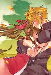 1boy 1girl aerith_gainsborough arm_ribbon armor artist_name black_cape black_gloves black_vest blonde_hair blush brown_hair cape closed_eyes cloud cloud_strife cloudy_sky couple dress falling_petals final_fantasy final_fantasy_vii final_fantasy_vii_advent_children gloves hair_between_eyes hair_ribbon hetero hug kingdom_hearts kingdom_hearts_ii kurohyn long_hair official_alternate_costume parted_bangs pauldrons petals pink_dress pink_ribbon ponytail red_ribbon ribbon short_hair shoulder_armor sidelocks single_pauldron sky smile spiked_hair upper_body vest waist_cape yellow_petals