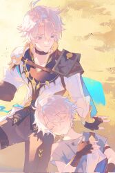 2boys armor blue_eyes child closed_eyes closed_mouth coat dual_persona grey_hair grey_shirt half-closed_eyes highres honkai:_star_rail honkai_(series) lying male_focus multiple_boys parted_bangs pauldrons phainon_(honkai:_star_rail) shiita34 shirt short_sleeves shoulder_armor single_pauldron smile white_coat yellow_pupils