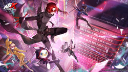 2boys 2girls absurdres animal arai_motoha artist_request bird black_hair black_jacket black_pants blonde_hair building closer_(p5x) gloves highres hood hood_up jacket kamishiro_nagisa kanou_shun long_hair long_sleeves lufel_(p5x) multiple_boys multiple_girls official_art owl pants persona persona_5 persona_5:_the_phantom_x red_eyes red_hair short_hair soy_(p5x) tanemura_riko third-party_source wind_(p5x) wonder_(p5x)