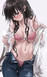 1girl black_hair blush bra breasts breasts_apart denim groin highres jeans linea_alba long_hair looking_at_viewer medium_breasts mole mole_on_breast navel open_clothes open_pants open_shirt original panties pants panty_peek pink_bra pink_panties profile purple_eyes saya_(mychristian2) shirt_hold sideways_glance simple_background solo stomach sweat underwear very_long_hair white_background