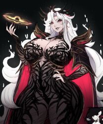 1boy 1girl black_background black_hole blush breasts cape character_request chronopattern_dress dress fingernails hand_on_own_hip hat highres huge_breasts lips long_hair meme_attire mole mole_under_mouth nail_polish omiza_somi original red_eyes sharp_fingernails skeleton smile space star_(sky) thighs very_long_hair white_hair
