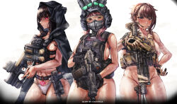 3girls absurdres artist_name battle_rifle black_gloves black_hood breasts brown_eyes brown_gloves brown_hair bulletproof_vest cameltoe colycycle d_(nikke) delta_(nikke) earpiece fingerless_gloves gloves goddess_of_victory:_nikke goggles gun h&amp;k_hk417 handgun helmet highleg highleg_panties highres holding holding_gun holding_weapon hood hood_up large_breasts mask multiple_girls night_vision nude panties pubic_tattoo red_eyes rifle shoulder_tattoo sig_mcx sig_sauer_p320 skull_mask soldier_eg_(nikke) sweat tactical_clothes tattoo trigger_discipline underwear watch weapon white_background white_panties wristwatch
