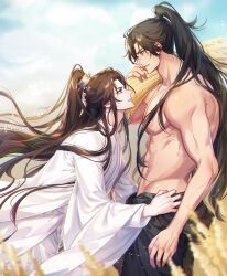 2boys abs absurdres adam&#039;s_apple artist_name bare_pectorals black_hair black_hanfu blue_sky blurry blurry_foreground brown_hair chinese_clothes chu_wanning clothes_grab cloud cowboy_shot day depth_of_field erha_he_ta_de_bai_mao_shizun eye_contact from_side grey_eyes half_updo hanfu high_ponytail highres korean_commentary long_hair long_sidelocks long_sleeves looking_at_another male_focus mo_ran multiple_boys muscular muscular_male nipples outdoors over_shoulder parted_lips pectorals ponytail purple_eyes rice sidelocks sky smile standing sweat topless_male white_hanfu wide_sleeves xiao_guan_(headdress) yaoi zehel_az