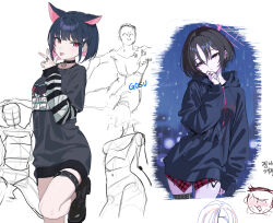 1boy 2girls alternate_costume anatomy_study animal_ears blue_archive cat_choker cat_ears colored_inner_animal_ears doodle_sensei_(blue_archive) extra_ears halo highres kazusa_(blue_archive) misaki_(blue_archive) multicolored_hair multiple_girls pink_eyes pink_hair pink_halo sensei_(blue_archive) signallerc two-tone_hair white_background