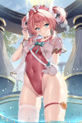 1girl alternate_costume aqua_eyes aqua_hair breasts cameltoe commentary_request covered_navel highres honkai:_star_rail honkai_(series) hyacine_(honkai:_star_rail) looking_at_viewer one-piece_swimsuit pink_hair red_one-piece_swimsuit short_hair single_thighhigh small_breasts solo swimsuit thigh_strap thighhighs thighs twintails white_thighhighs wsman
