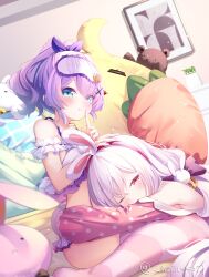 2girls absurdres animal_ears arm_garter azur_lane blue_eyes fake_animal_ears hair_ornament hair_ribbon hairclip highres indoors javelin_(azur_lane) javelin_(operation:_pillow_fight!)_(azur_lane) laffey_(azur_lane) lap_pillow long_hair loungewear lying multiple_girls one_eye_closed pajamas pink_hair pink_pajamas purple_hair rabbit_ears red_eyes ribbon sitting sleep_mask sleepwear thighhighs z-wumi