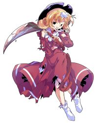1girl :d bandaid bandaid_on_head black_eyes black_hat blonde_hair commentary_request dairi dress elly_(touhou) full_body hat holding holding_scythe large_variant_set long_sleeves looking_at_viewer no_shoes open_mouth red_dress scythe short_hair smile socks solo sweat teeth torn_clothes torn_dress touhou touhou_(pc-98) transparent_background upper_teeth_only variant_set white_socks