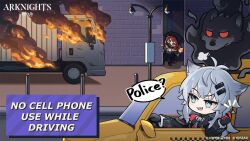 2girls :d animal_ear_fluff animal_ears animal_hood arknights black_boots black_jacket boots bottle brick_wall building burning car cellphone chibi commentary copyright_name crownslayer_(arknights) driving english_commentary english_text fake_animal_ears fire grey_eyes grey_hair grey_pants hair_ornament hairclip highres holding holding_bottle holding_phone hood hood_up hooded_jacket jacket lamppost lappland_(arknights) mabing mask molotov_cocktail motor_vehicle mouth_mask multiple_girls night night_sky official_art open_mouth outdoors pants phone red_eyes red_hair scar scar_across_eye scar_on_face second-party_source sharp_teeth sky smile teeth truck
