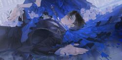 1boy 1girl absurdres black_hair black_jacket black_pants blood blue_blood blue_necktie character_request copyright_request half-closed_eyes highres holding_hands jacket knife looking_at_viewer lying necktie pants red_eyes shirt short_hair solo_focus stab tot_7399 white_shirt