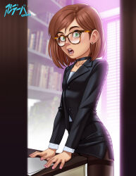 Rule 34 | 1girl, absurdres, andava, black choker, black jacket, black pantyhose, black skirt, brown hair, cameltoe, character request, choker, collarbone, crotch rub, desk, glasses, green eyes, highres, indoors, jacket, looking at viewer, masturbation, office lady, open mouth, original, pantyhose, petite, pink nails, shirt, short hair, skirt, solo, surprised, table humping, white shirt