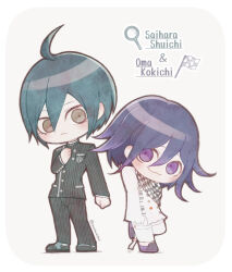 2boys ahoge black_hair brown_eyes buttons danganronpa_(series) danganronpa_v3:_killing_harmony double-breasted fang full_body inukai_(inuuowoukai) jacket medium_hair multiple_boys oma_kokichi pants pink_eyes saihara_shuichi short_hair simple_background smile standing striped_clothes striped_jacket striped_pants white_jacket white_pants