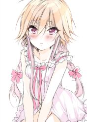 Rule 34 | 1girl, ahoge, babydoll, bare arms, bare shoulders, blush, bottomless, bow, bowtie, braid, breasts, collarbone, commentary request, cowboy shot, from above, hair between eyes, hair bow, hair flaps, hair over shoulder, highres, idolmaster, idolmaster cinderella girls, long hair, looking at viewer, multicolored hair, ninomiya asuka, nuno kire, orange hair, pale skin, parted lips, pink bow, pink bowtie, pink eyes, pink hair, sidelocks, simple background, sitting, small breasts, solo, twin braids, two-tone hair, v arms, white babydoll, white background