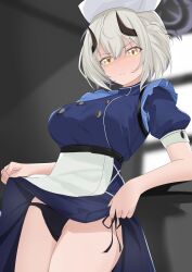 1girl absurdres apron black_panties blue_archive blue_dress blush bob_cut chanshiyu closed_mouth clothes_lift demon_girl demon_horns dress grey_hair grey_halo hair_between_eyes halo hat highres horns looking_at_viewer nurse nurse_cap panties sena_(blue_archive) shaded_face short_hair skirt skirt_lift solo underwear white_apron white_hat yellow_eyes