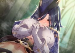 1boy 1girl aether_(genshin_impact) alternate_breast_size bar_censor blue_cape blue_hair breasts bursting_breasts button_gap can_(canzume) cape censored clorinde_(genshin_impact) closed_eyes commentary_request cum cum_in_mouth cum_overflow dark_blue_hair earrings ejaculation elbow_gloves epaulettes fellatio floating_earring fold-over_gloves genshin_impact gloves hair_between_eyes hat hetero huge_breasts jewelry large_variant_set long_hair long_hair_between_eyes looking_at_penis male_pubic_hair motion_blur motion_lines multicolored_hair oral own_hands_clasped own_hands_together paid_reward_available paizuri paizuri_under_clothes penis pubic_hair shirt streaked_hair tricorne twitter_username variant_set white_gloves white_shirt