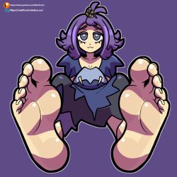 Rule 34 | 1girl, acerola (pokemon), barefoot, feet, foot focus, highres, long hair, nintendo, pokemon, pokemon sm, purple background, purple hair, reathroch, smile, soles, solo, toes