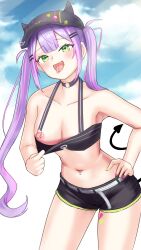 Rule 34 | 1girl, bibi (tokoyami towa), breasts, clothes pull, commission, crop top, demon tail, forked tongue, green eyes, highres, hololive, leaning forward, looking at viewer, medium breasts, menmon, navel, navel piercing, nipple piercing, no bra, piercing, pixiv commission, smile, solo, standing, tail, tokoyami towa, tokoyami towa (1st costume), tongue, tongue out, twintails, virtual youtuber