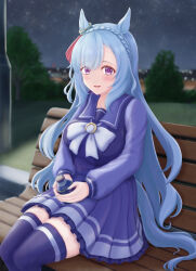 1girl animal_ears bench blue_hair bow bowtie braid breasts can crown_braid from_side highres holding holding_can horse_ears horse_girl horse_tail ichimai_(apieceof_ray151) large_breasts long_hair long_sleeves looking_at_viewer mejiro_ardan_(umamusume) night pleated_skirt purple_eyes purple_serafuku purple_shirt purple_skirt purple_thighhighs sailor_collar sailor_shirt school_uniform serafuku shirt sitting skirt smile solo tail thighhighs tracen_school_uniform umamusume white_bow white_bowtie