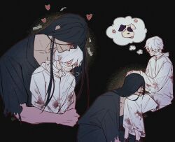 Rule 34 | 1boy, 1other, bandaged hand, bandages, black hair, black shirt, blood, blood on clothes, blood on face, blood stain, cloak, collarbone, dog, doodle inset, full body, grin, hair over eyes, hand on another&#039;s head, head down, headpat, heart, heroine (homicipher), homicipher, hug, hug from behind, invisible chair, lap pillow, leaning on person, long hair, motion lines, mr. crawling, multiple views, open mouth, oversized clothes, red eyes, sadlad03, shirt, short hair, sitting, smile, speech bubble, thought bubble, torn clothes, upper body, white cloak, white hair