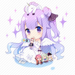 1girl ahoge azur_lane bare_shoulders black_bow black_ribbon blonde_hair blue_eyes blush bogue_(azur_lane) bow character_doll chibi coin diagonal_stripes doll dollar_sign dress drum_(container) elbow_gloves female_focus glasses gloves green_hair hair_between_eyes hair_bun hair_ribbon halterneck hermes_(azur_lane) holding holding_doll langley_(azur_lane) long_hair looking_at_viewer on_head opaque_glasses pantyhose parted_lips purple_eyes purple_hair ranger_(azur_lane) red_eyes red_hair ribbon shoes side_bun silveroid single_hair_bun single_side_bun sitting solo sparkle striped_background stuffed_animal stuffed_pegasus stuffed_toy stuffed_unicorn stuffed_winged_unicorn unicorn_(azur_lane) very_long_hair white_dress white_gloves white_pantyhose white_shoes white_wings wings