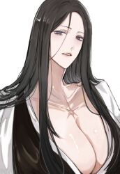 Rule 34 | 1girl, black hair, bleach, bleach: sennen kessen-hen, breasts, collarbone, female focus, hair down, highres, japanese clothes, large breasts, lips, long hair, namahamumn, scar, scar on chest, shihakusho, shiny skin, simple background, unohana retsu, upper body, white background