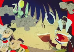 ^_^ absurdres black_eyes black_hair blonde_hair blood chrollo_lucilfer closed_eyes coat facial_mark forehead_mark from_above fur-trimmed_coat fur_trim gon_freecss hair_slicked_back highres holding_puzzle_piece hunter_x_hunter jigsaw_puzzle killua_zoldyck kurapika kurapika&#039;s_father kurapika&#039;s_mother leorio_paladiknight long_sleeves miko_hxh neon_nostrade pairo partially_colored puzzle puzzle_piece senritsu shirt slumped smile sunglasses symbolism tserriednich_hui_guo_rou tserriednich_hui_guo_rou&#039;s_guardian_spirit_beast tunic white_hair white_shirt