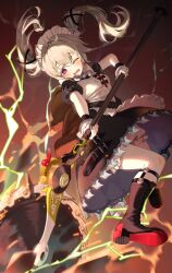 1girl animal_bag apron bear_bag belt black_boots black_dress black_nails bloomers boots breasts circular_saw commentary_request corin_wickes cuffs dress floating_hair full_body green_hair holding holding_weapon knee_boots long_hair maid maid_apron maid_headdress midair n_77z one_eye_closed open_mouth puffy_short_sleeves puffy_sleeves purple_eyes saw screw_hair_ornament short_sleeves solo twintails underwear weapon white_apron zenless_zone_zero