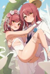 2girls absurdres alternate_costume ass bare_shoulders blush breasts bridal_veil bride carrying carrying_person cleavage closed_mouth commentary dress earrings formal_clothes gloves hair_between_eyes highleg highres idolmaster idolmaster_shiny_colors incest jewelry long_sleeves looking_at_viewer medium_breasts medium_hair multiple_girls official_alternate_hairstyle one-piece_swimsuit open_mouth osaki_amana osaki_tenka princess_carry red_hair revealing_clothes revision siblings sisters smile suit swept_bangs swimsuit thighs twincest twins veil wanimaru wedding wedding_dress white_gloves white_one-piece_swimsuit white_suit wife_and_wife yellow_eyes yuri