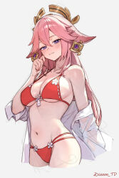 1girl animal_ear_piercing animal_ears bikini breasts clothes_down collarbone droopy_ears floppy_ears floral_print fox_ears genshin_impact grey_background hair_between_eyes hair_ornament highres large_breasts long_hair looking_at_viewer navel pink_hair purple_eyes red_bikini shirt simple_background smile solo sooon swimsuit very_long_hair white_shirt yae_miko