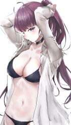 absurdres arms_up bikini black_bikini blush breasts collarbone collared_shirt dolla_(nikke) goddess_of_victory:_nikke highres large_breasts long_hair looking_at_viewer midriff miumiumi_99 mole mole_under_eye mouth_hold navel open_clothes open_shirt ponytail purple_eyes purple_hair shirt swimsuit twitter_username white_shirt