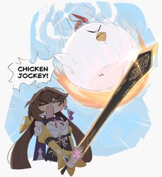 2girls a_minecraft_movie bird blue_sky brown_hair chicken chicken_jockey_(meme) closed_eyes falling guinaifen_(honkai:_star_rail) highres holding holding_sword holding_weapon honkai:_star_rail honkai_(series) jingwei_(bird) long_hair meme minecraft multiple_girls orange_hair side_ponytail sky sushang_(honkai:_star_rail) sword twintails unfamousradish weapon