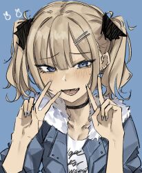 1boy :d black_choker blonde_hair blue_background blue_eyes blue_jacket blue_nails choker clothes_writing commentary double_v ear_piercing english_commentary eyes_visible_through_hair fang fur_collar hair_between_eyes hair_ornament hairclip highres jacket light_blush looking_at_viewer male_focus mole mole_under_eye nabi_(xcider) nail_polish open_mouth original piercing shirt short_hair simple_background smile solo tongue tongue_piercing trap twintails upper_body v white_shirt xcider