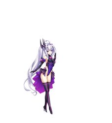 Rule 34 | 1girl, ahoge, amakubo kaede, bare shoulders, black gloves, boots, breasts, corruption, dark persona, elbow gloves, full body, game cg, gloves, hair ornament, high heels, highleg, highleg leotard, highres, kouyoku senki exs-tia, large variant set, leotard, long hair, looking at viewer, non-web source, official art, pink eyes, purple eyes, purple leotard, rextia mei, showgirl skirt, simple background, small breasts, smile, solo, tachi-e, thigh boots, thighhighs, transparent background, variant set, very long hair, white hair