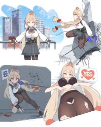 1girl absurdres alice_thymefield animal_ears black_bra black_gloves black_panties black_pantyhose blonde_hair bow bowtie bra breasts chest_bow collared_shirt fingerless_gloves gloves grey_bow grey_bowtie grey_skirt hair_ornament heterochromia high-waist_skirt highres holding holding_sword holding_weapon holypotato0 lace lace-trimmed_bra lace_trim large_breasts long_hair long_sleeves lying navel on_back on_bed outdoors panties pantyhose pom_pom_(clothes) pom_pom_hair_ornament rapier shirt skirt standing sword torn_clothes torn_pantyhose underwear very_long_hair weapon white_shirt zenless_zone_zero