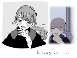 1girl blush derivative_work half-closed_eyes hand_to_own_mouth kirin_no_obake lapwing_(vrchat) laughing looking_at_viewer ponytail reference_inset screenshot_inset screenshot_redraw shawl solo teeth vrchat