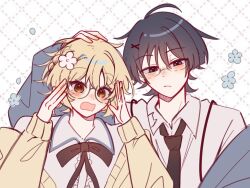 Rule 34 | 1boy, 1girl, alphastroo, alternate costume, bespectacled, black bow, black hair, black necktie, blonde hair, blouse, blue eyes, blue flower, blue jacket, blunt ends, blush, bow, cardigan, closed mouth, collared shirt, contemporary, flower, genshin impact, glasses, grid background, hands up, headpat, highres, jacket, long sleeves, looking at viewer, lumine (genshin impact), messy hair, necktie, off shoulder, open hands, open mouth, rimless eyewear, round eyewear, scaramouche (genshin impact), school uniform, shirt, short hair, short hair with long locks, sidelocks, white background, white shirt, wispy bangs, yellow cardigan, yellow eyes, yellow sleeves