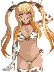 alternate_hair_color amemiya_darumi animal_ears animal_print black_hair blonde_hair collarbone cow_ears cow_horns cow_print cow_print_bikini cow_print_gloves cow_print_thighhighs cowkini dark-skinned_female dark_skin eyelashes eyeliner eyeshadow face_piercing hand_up heart horns lip_piercing long_hair makeup multicolored_hair navel navel_piercing open_mouth piercing pink_eyes print_bikini print_gloves print_thighhighs runny_makeup safety_pin tan teeth the_hundred_line_-last_defense_academy- tongue twintails upper_teeth_only v
