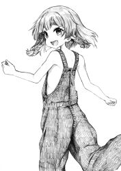 1girl absurdres braid etorofu_(kancolle) feet_out_of_frame from_behind greyscale highres kantai_collection monochrome naked_overalls overalls running side_braids smile solo tsuji_kazuho