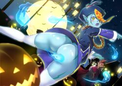 2018 2boys ass astral_(yu-gi-oh!) blue_skin blush body_markings bodypaint bottomless chinese_clothes colored_skin gluteal_fold hat highres jiangshi_costume kurage444 looking_back male_focus multiple_boys no_visible_genitalia open_mouth spirit tagme thighhighs trap tsukumo_yuma water wet yellow_eyes yu-gi-oh! yu-gi-oh!_zexal