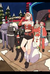 1girl 4boys animal belt black_blindfold black_gloves black_hair black_shorts blindfold blunt_bangs bob_cut choker crop_top dog elbow_gloves facial_mark fake_antlers fake_facial_hair fake_mustache full_body fushiguro_megumi gloves gojou_satoru gyokuken hat highres itadori_yuuji jujutsu_kaisen kugisaki_nobara letterboxed looking_at_viewer multiple_boys nanami_kento outdoors pink_hair red_gloves santa_costume santa_hat short_shorts shorts takeuchi_ryousuke wolf