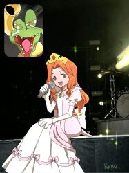 Rule 34 | 1girl, absurdres, brown hair, crown, digimon, digimon adventure, dress, frog, gekomon, highres, meme, tachikawa mimi