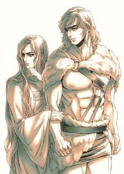 2boys abs barbarian behind_another capelet closed_mouth commentary_request cowboy_shot enki_(fear_&amp;_hunger) fear_&amp;_hunger_(series) fear_&amp;_hunger_1 fur_capelet hand_on_own_chin highres holding_another&#039;s_arm long_hair long_sleeves looking_to_the_side male_focus medium_hair monochrome multiple_boys muscular muscular_male nipples o-ring parted_lips ragnvaldr_(fear_&amp;_hunger) robe sepia simple_background white_background yoshinaga_yuki