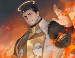 1boy artist_name beard_stubble black_hair chinese_commentary closed_mouth commentary_request facial_hair fire halo highres looking_at_viewer male_focus sdz_(inazuma) stubble tokyo_houkago_summoners upper_body yellow_eyes zabaniyya_(housamo)