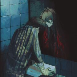 Rule 34 | 2boys, alternate universe, bandaged arm, bandaged hand, bandages, bathroom, black hair, black hanfu, blood, ch189615, chinese clothes, chinese commentary, closed mouth, coat, dao gui yi xian, dark, different reflection, dual persona, hair between eyes, hair over one eye, hanfu, highres, horror (theme), indoors, li huowang, li huowang (modern world), long hair, long sleeves, looking at viewer, male focus, mirror, multiple boys, night, official alternate costume, official alternate hair length, official alternate hairstyle, red coat, red eyes, reflection, shirt, short hair, sink, striped clothes, striped shirt, tile floor, tile wall, tiles, very long hair