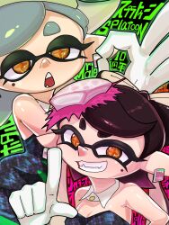 +_+ 2girls black_dress black_hair black_jumpsuit bow-shaped_hair callie_(splatoon) callie_(squid_sisters_outfit)_(splatoon) cousins detached_collar dress earrings fangs food food_on_head gloves green_pantyhose grey_hair grin highres hoop_earrings index_finger_raised inkling jewelry jumpsuit long_hair marie_(splatoon) marie_(squid_sisters_outfit)_(splatoon) mole mole_under_eye multiple_girls nintendo noboru_eaka object_on_head ok_sign open_mouth pantyhose pointy_ears short_dress short_jumpsuit smile splatoon_(series) strapless strapless_dress strapless_jumpsuit sushi swept_bangs tentacle_hair twintails unitard updo upper_body white_gloves yellow_eyes
