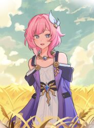 1girl bare_shoulders blue_eyes breasts coat cyrene_(honkai:_star_rail) day dress hair_ornament hashtag-only_commentary highres honkai:_star_rail honkai_(series) jewelry looking_at_viewer medium_hair necklace outdoors pink_hair purple_coat small_breasts solo tanu56u wheat wheat_field white_dress