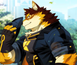 1boy animal_ears bara barrel_(live_a_hero) beige_fur brown_fur covered_abs covered_erect_nipples dog_boy dog_ears furry furry_male glowing_clothes hat highres jacket large_pectorals leaf live_a_hero looking_at_viewer male_focus muscular muscular_male open_clothes open_jacket orange_fur paid_reward_available pectorals police police_uniform policeman rossciaco shirt sleeves_rolled_up smile solo thick_eyebrows tight_clothes tight_shirt unworn_hat unworn_headwear wind